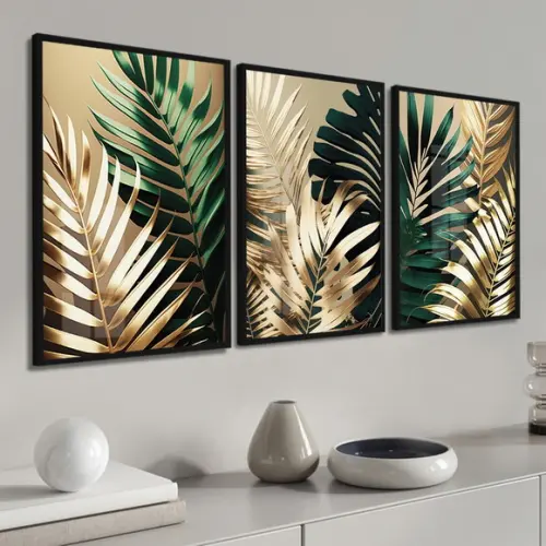 Quadros Decorativos Folhagem Verde e Dourada Moldura e Vidro