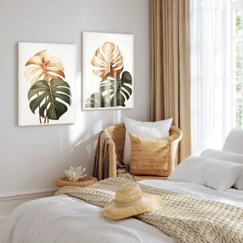 Quadros Decorativos Folhas Costela de Adão com Moldura Vidro
