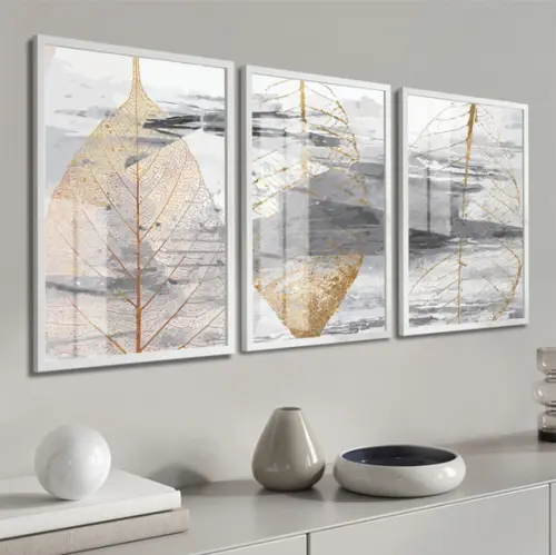 Quadros Decorativos Folhas Douradas Abstrato Moldura e Vidro