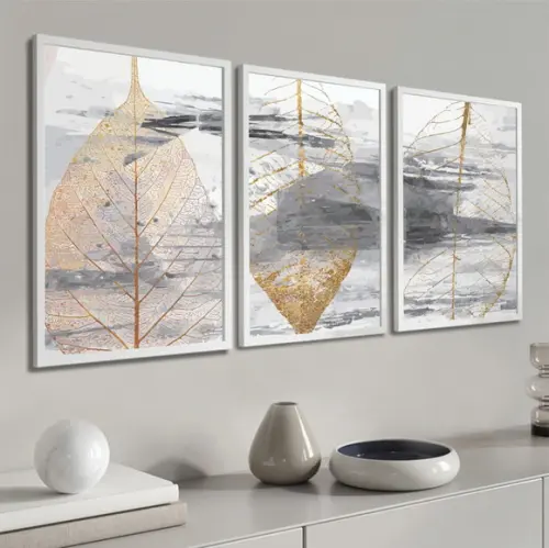 Quadros Decorativos Folhas Douradas Quarto Sala com Moldura