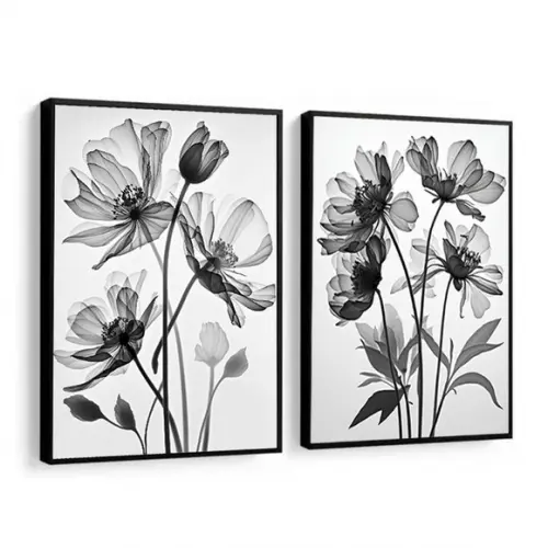 Quadros Decorativos Folhas Preto e Branco Moldura e Vidro