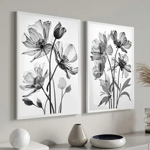 Quadros Decorativos Folhas Preto e Branco Moldura e Vidro