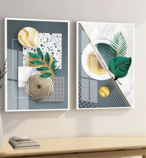 Quadros Decorativos Folhas Verdes Dourada Com Moldura Vidro
