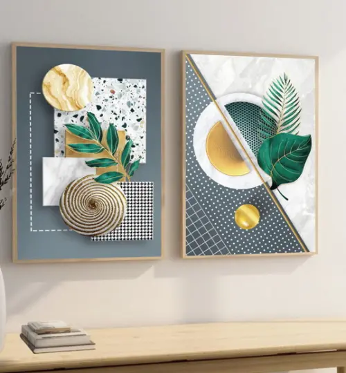 Quadros Decorativos Folhas Verdes Dourada Gold com Moldura