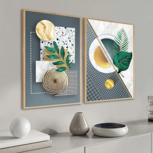 Quadros Decorativos Folhas Verdes Dourada Gold com Moldura