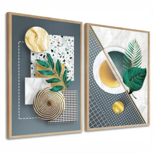 Quadros Decorativos Folhas Verdes Dourada Gold com Moldura