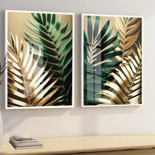 Quadros Decorativos Folhas Verdes e Douradas Moldura e Vidro