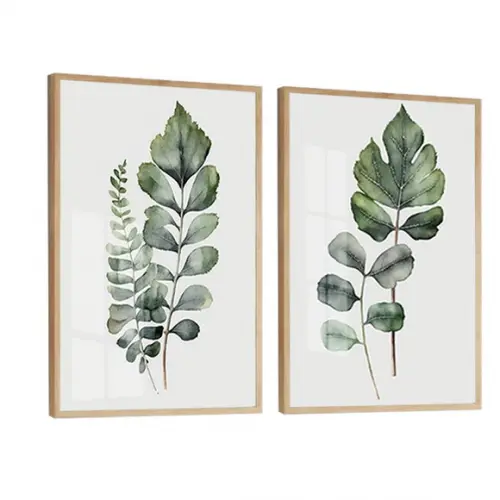 Quadros Decorativos Folhas Verdes Quarto Sala Vidro Moldura