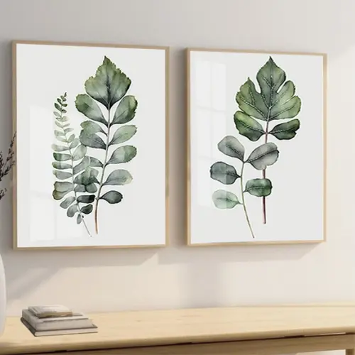 Quadros Decorativos Folhas Verdes Quarto Sala Vidro Moldura