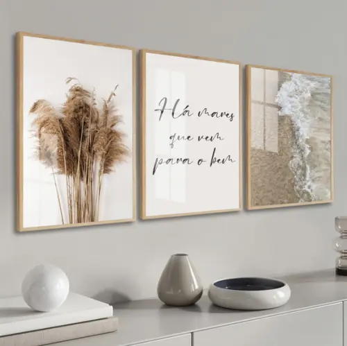 Quadros Decorativos Frases Folhagem Mar Boho Moldura e Vidro