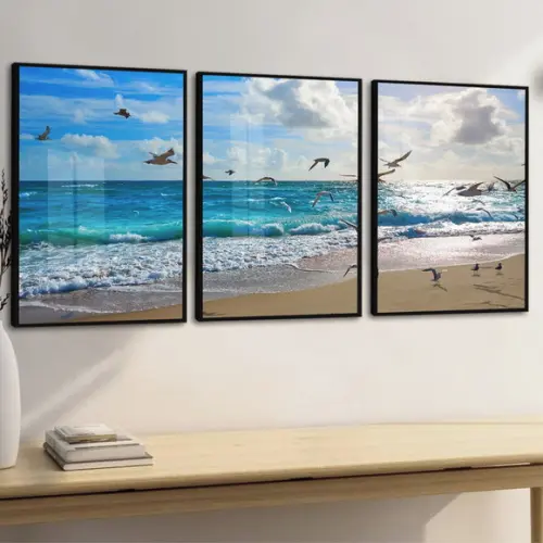 Quadros Decorativos Gaivotas Mar Paisagem Moldura e Vidro