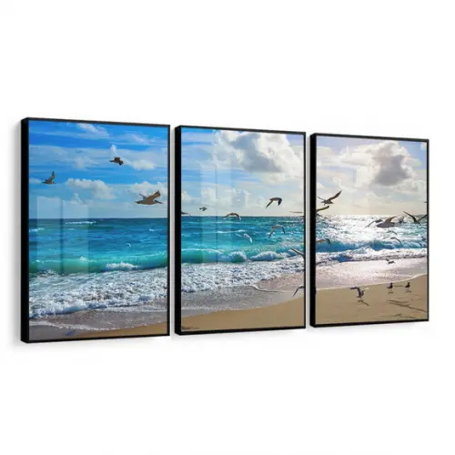 Quadros Decorativos Gaivotas Mar Paisagem Moldura e Vidro