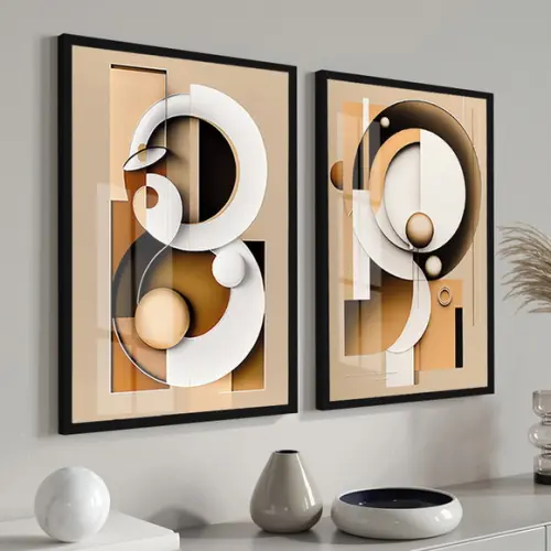 Quadros Decorativos Geométrico Abstrato Bege Moldura e Vidro