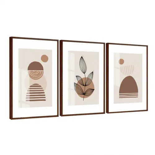 Quadros Decorativos Geométrico Abstrato Bege Vidro e Moldura