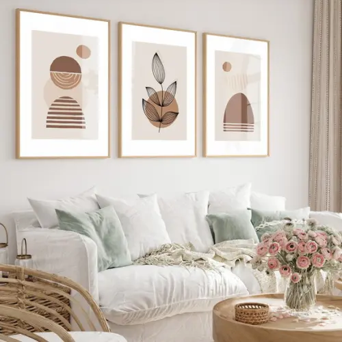Quadros Decorativos Geométrico Abstrato Bege Vidro e Moldura