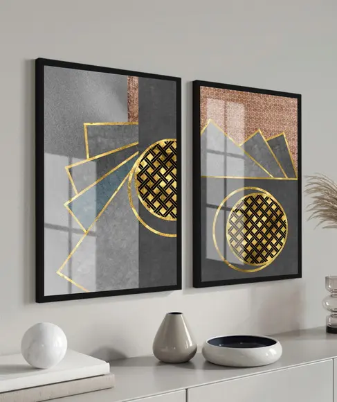 Quadros Decorativos Geométrico Dourado Gold Moldura E Vidro