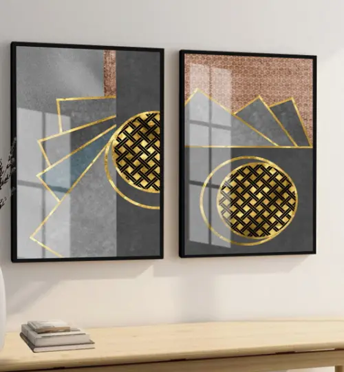 Quadros Decorativos Geométrico Dourado Gold Moldura E Vidro