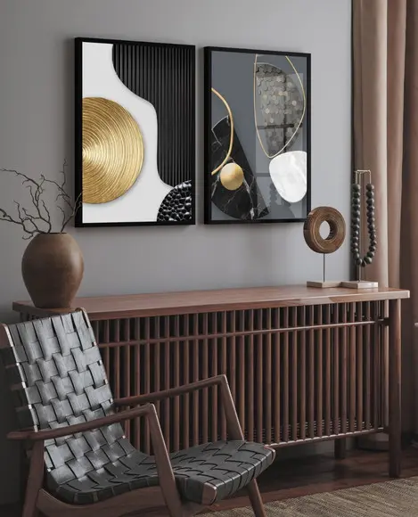 Quadros Decorativos Geométrico Dourado Moderno Moldura Vidro