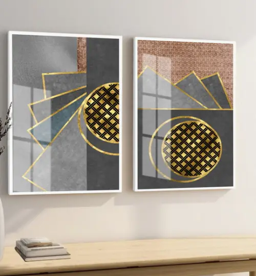 Quadros Decorativos Geométrico Dourado Moderno Moldura Vidro