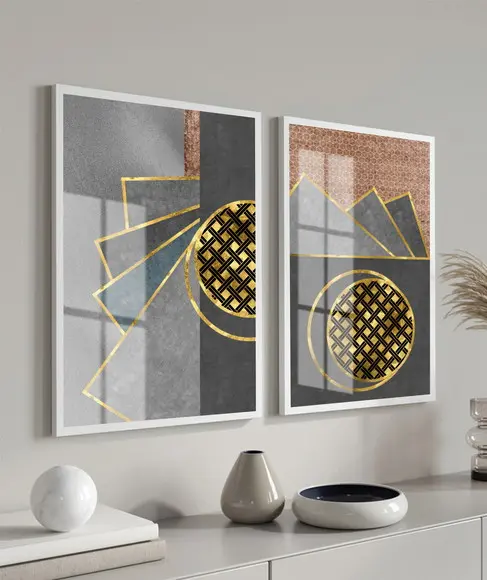 Quadros Decorativos Geométrico Dourado Moderno Moldura Vidro