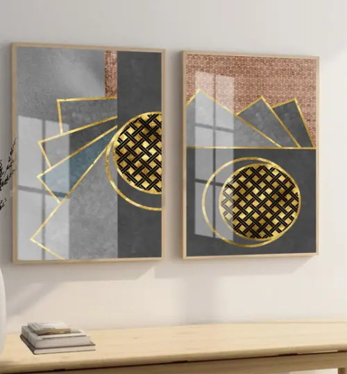 Quadros Decorativos Geométrico Dourado Moderno Vidro Moldura