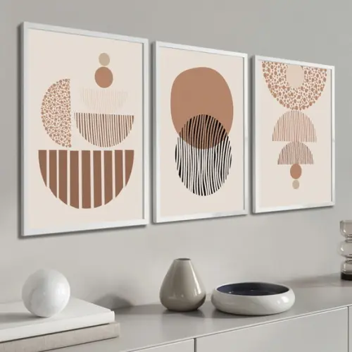 Quadros Decorativos Geométrico Marrom Boho Moderno Moldura