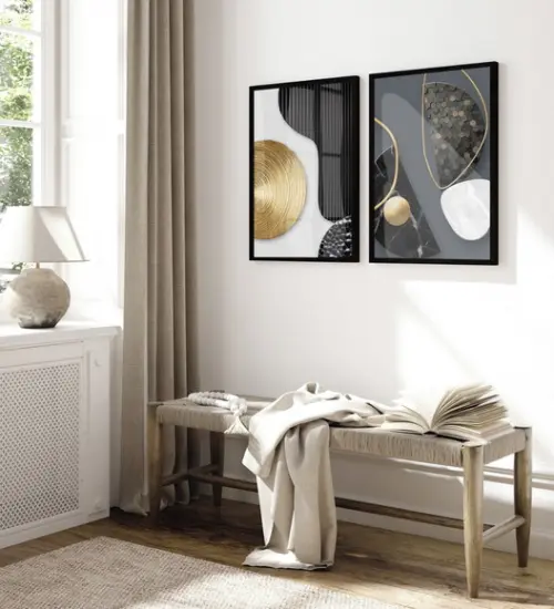 Quadros Decorativos Geométrico Dourado Moderno Moldura Vidro