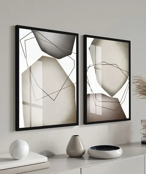 Quadros Decorativos Geométrico Moderno Cinza Moldura E Vidro