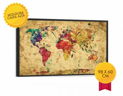 Quadros Decorativos Grande Mapa Mundi Colorido Com Moldura