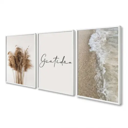 Quadros Decorativos Gratidão Folhagem Bege Boho Mar Moldura