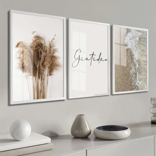 Quadros Decorativos Gratidão Folhagem Boho Moldura e Vidro