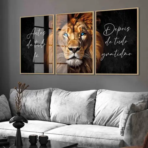 Quadros Decorativos Leão de Judá Frase Inspiração com Vidro