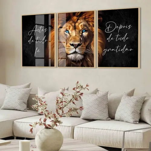 Quadros Decorativos Leão de Judá Frase Inspiração com Vidro