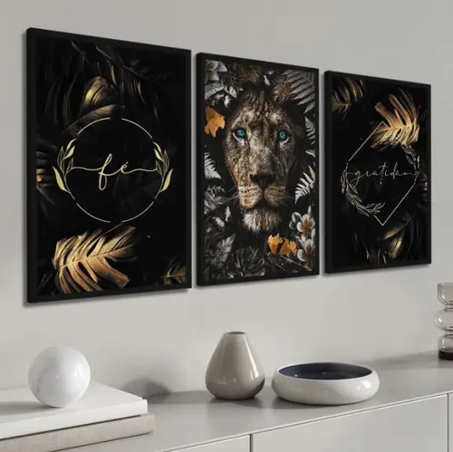 Quadros Decorativos Leão Folhagem Dourada Frases Com Moldura
