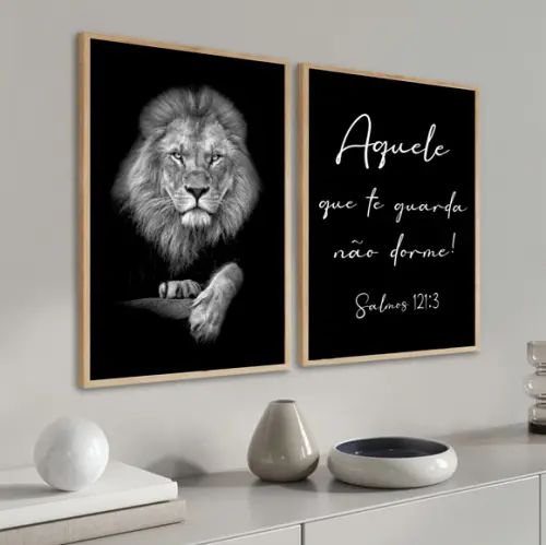 Quadros Decorativos Leão Frase Motivacional Salmos Moldura
