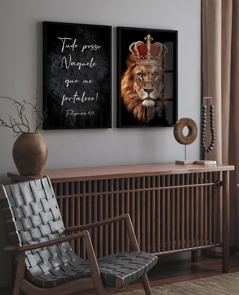 Quadros Decorativos Leão Frases Filipenses Moldura e Vidro