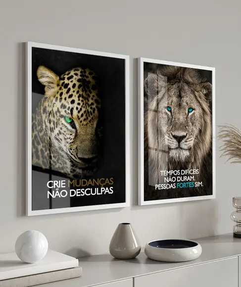 Quadros Decorativos Leão Frases Motivação Moldura e Vidro