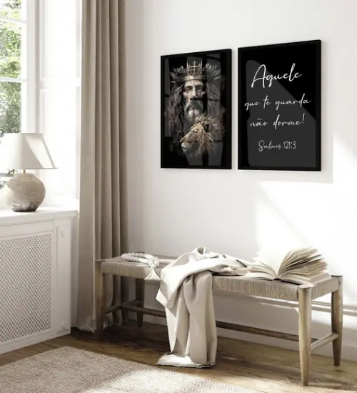 Quadros Decorativos Leão Jesus Cristo Salmos Moldura e Vidro