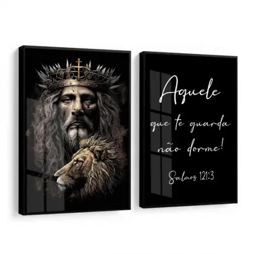 Quadros Decorativos Leão Jesus Cristo Salmos Moldura e Vidro