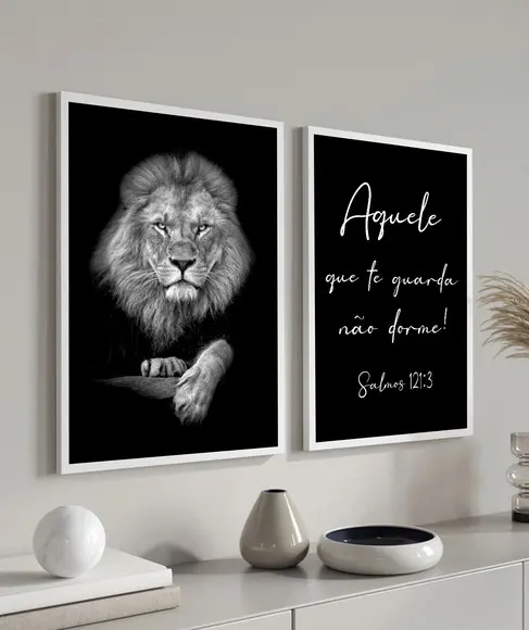 Quadros Decorativos Leão Motivacional Frase Salmos Moldura