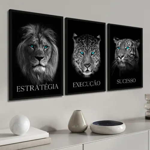 Quadros Decorativos Leão Onça Tigre Animais Frase Motivação