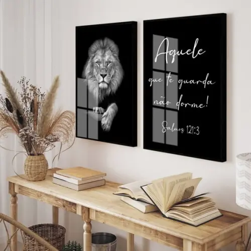 Quadros Decorativos Leão Oração Quarto Sala Moldura e Vidro