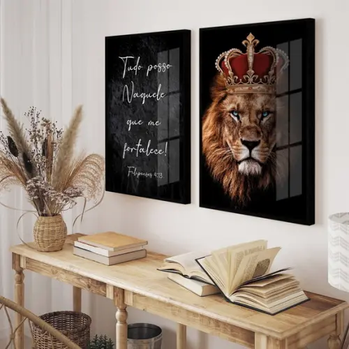Quadros Decorativos Leão Frases Filipenses Moldura e Vidro