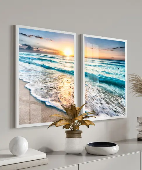 Quadros Decorativos Mar Azul Paisagem Com Moldura e Vidro