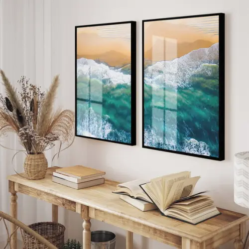Quadros Decorativos Mar Azul Para Quarto Sala Moldura Vidro