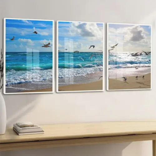 Quadros Decorativos Mar Gaivotas Paisagem Moldura e Vidro