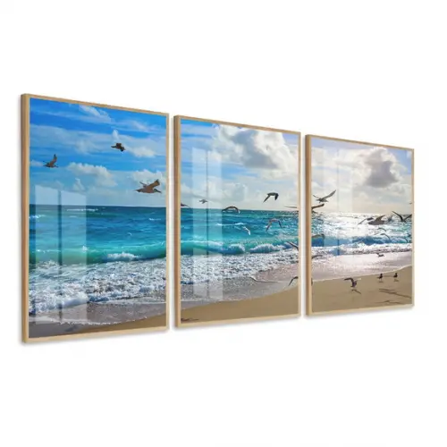 Quadros Decorativos Mar Paisagem Gaivotas Moldura e Vidro