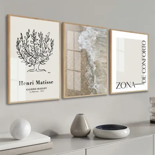 Quadros Decorativos Matisse Frases Praia com Moldura e Vidro