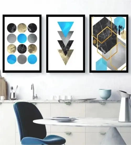 Quadros Decorativos Moderno Abstrato Geométrico Azul Moldura
