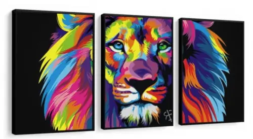 Quadros Decorativos Moderno Leão Colorido Para Sala Moldura